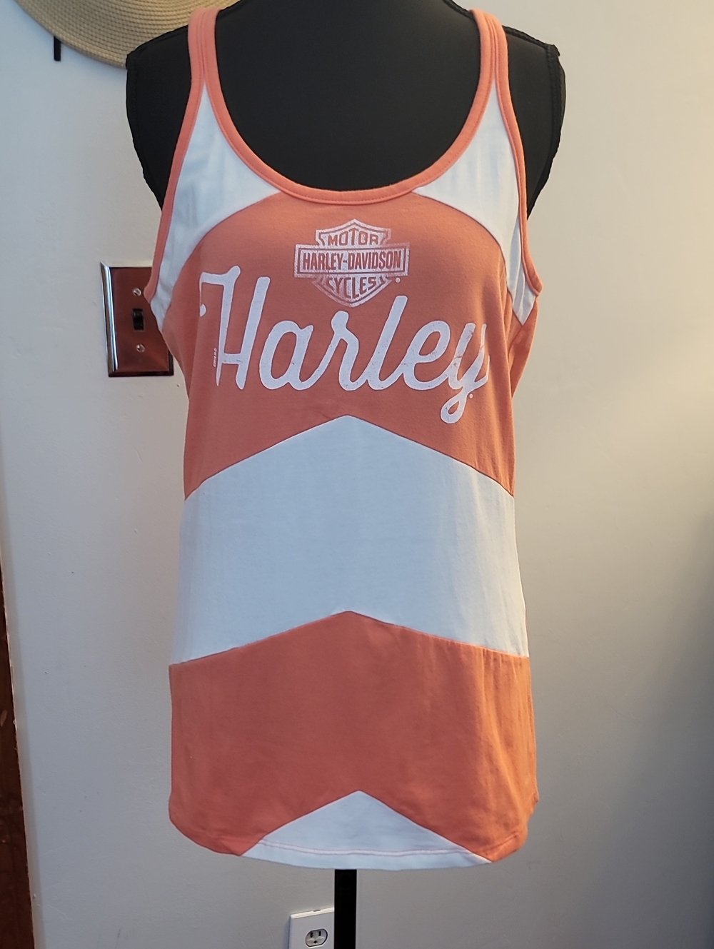 Harley-Davidson Jamaica  Coral and White Chevron Racerback Tank